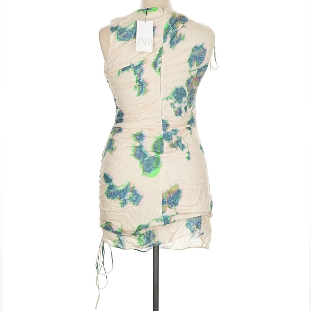 Zara Limited Edition Linen Mini Dress Ruched Oil Print Blue Cream Abstract XL - Picture 5 of 9